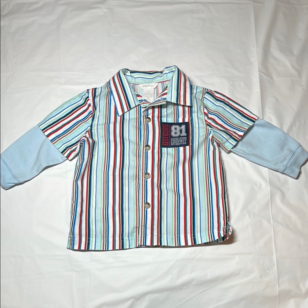 Guess Blue and Red Button Down Shirt with Stripes